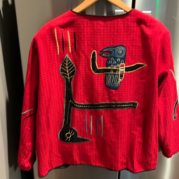 Maggie Barnes RED BIRD artsy button up BLAZER Art to wear,TOTEM pole shapes 3XL - Picture 4 of 16